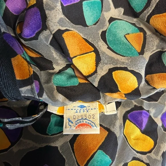 Vintage Adolfo Saks Fifth Avenue Pleated Silk Skirt Grey Gold Teal Dots Small - Picture 10 of 10